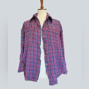 We The Free Pink, Blue and Orange Plaid Button-Up Shirt # 219
